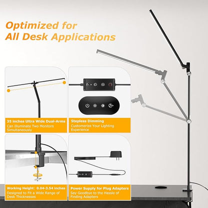 LED Desk Lamp for Home Office, Eye Caring Architect Desk Light with Remote, Dual Screen Computer Monitor Light with Stepless Dimming, Stepless Color Temp, Memory Function for Study, Workbench