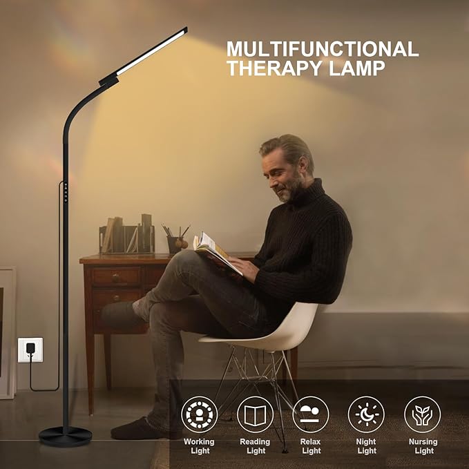 Light Therapy Lamp,10000 Lux Floor Sun Therapy Lamp with Remote & Touch Control & Adjustable Gooseneck Happy Lamp for Office/Home/Apartment (Black)