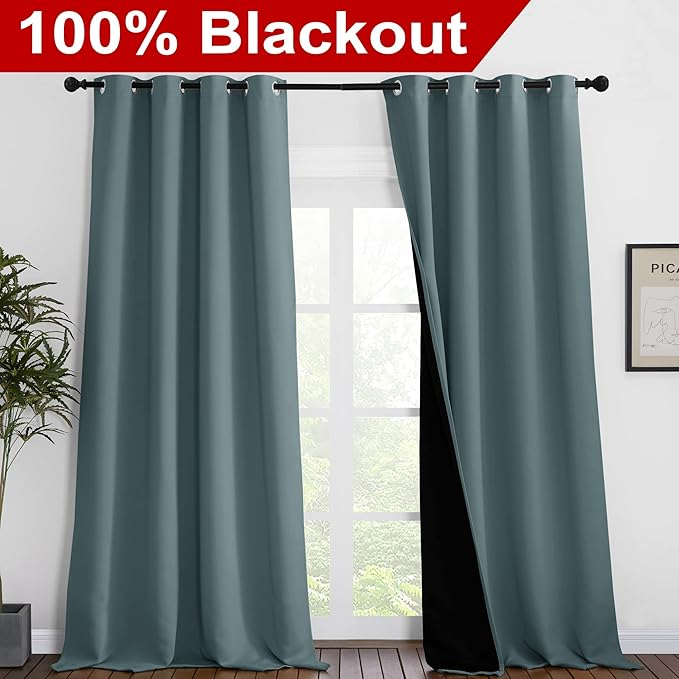 NICETOWN Full Shading Curtains for Windows, Super Heavy-Duty Black Lined Blackout Curtains for Bedroom, Privacy Assured Window Treatment (Greyish Blue, Pack of 2, 55 inches W x 102 inches L)