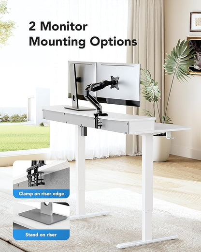 HUANUO 48″ x 24″ Electric Standing Desk with 2 Drawers, C-Clamp Mount Compatible, Height Adjustable Computer Desk, Home Office Stand Up Desk with 4 Preset Heights & 2 Hooks, White