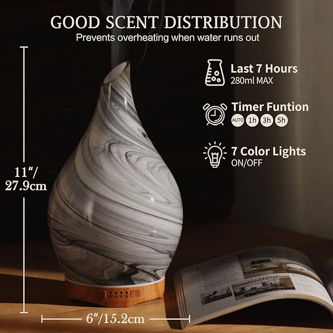 Porseme 280ml Essential Oil Diffuser Glass Color Changing Aroma Air Diffusers Aromatherapy Ultrasonic Cool Mist Humidifier 7 Running Hours Waterless Auto-Off for Sleeping, Yoga, Office, Spa (Ink)