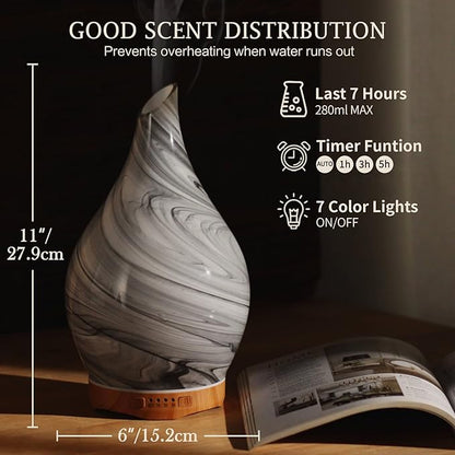 Porseme 280ml Essential Oil Diffuser Glass Color Changing Aroma Air Diffusers Aromatherapy Ultrasonic Cool Mist Humidifier 7 Running Hours Waterless Auto-Off for Sleeping, Yoga, Office, Spa (Ink)