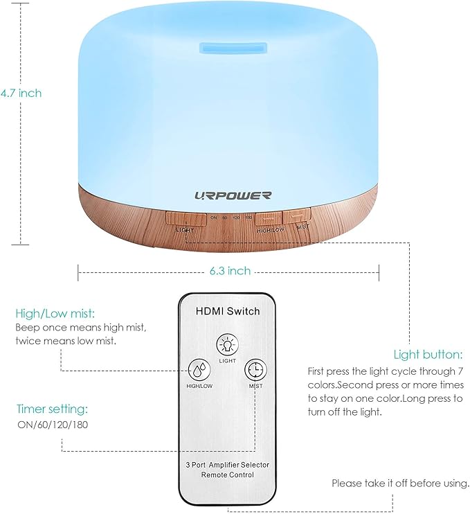 URPOWER 500ml Aromatherapy Essential Oil Diffuser Humidifier Room Decor Lighting with 4 Timer Settings, 7 LED Color Changing Lamp and Waterless Auto Shut-Off