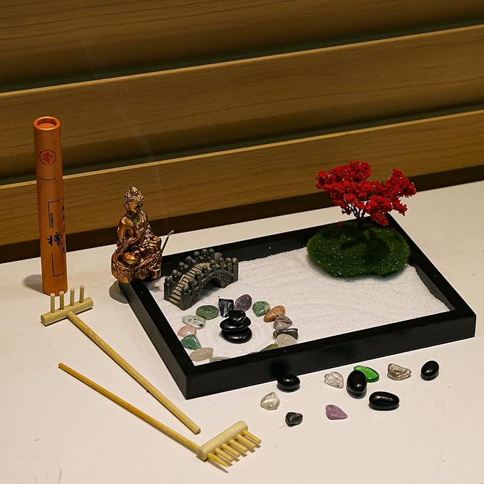 Mini Meditation Zen Garden Kit - Japanese Tabletop Rock Sand Chakra Buddha Zen Garden Home Office Desk Zen Decor Zen Gifts for Father Mother Birthday Gifts Sandbox w/Rake Tool Accessories Bonsai