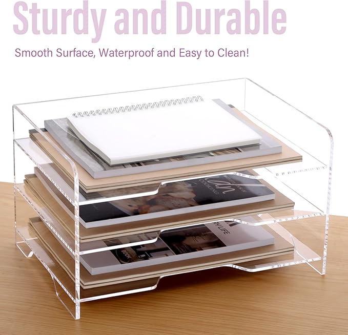 SANRUI Acrylic Paper Organizer Letter Tray for Desk, 3 Tier Enlarged File Sorter,Clear File Holder Desktop Shelf Document Storage for School Office Home