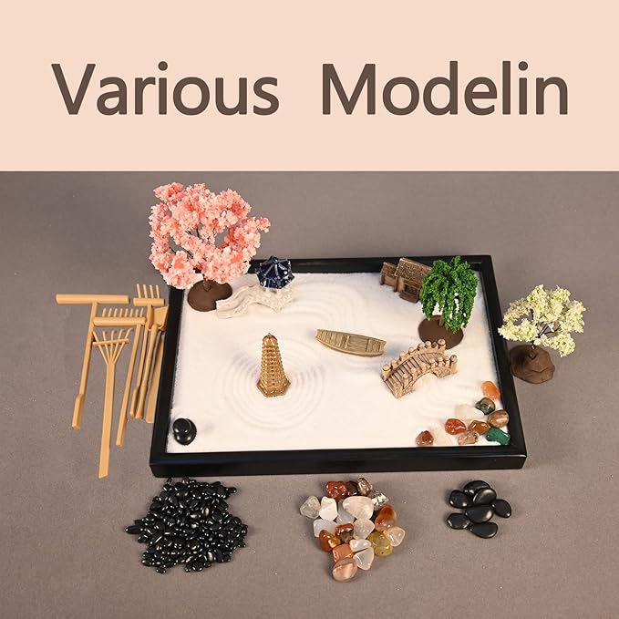 Mini Zen Garden, White Sand, 10" x 7" Rectangular Plastic Tray with Meditation Accessories