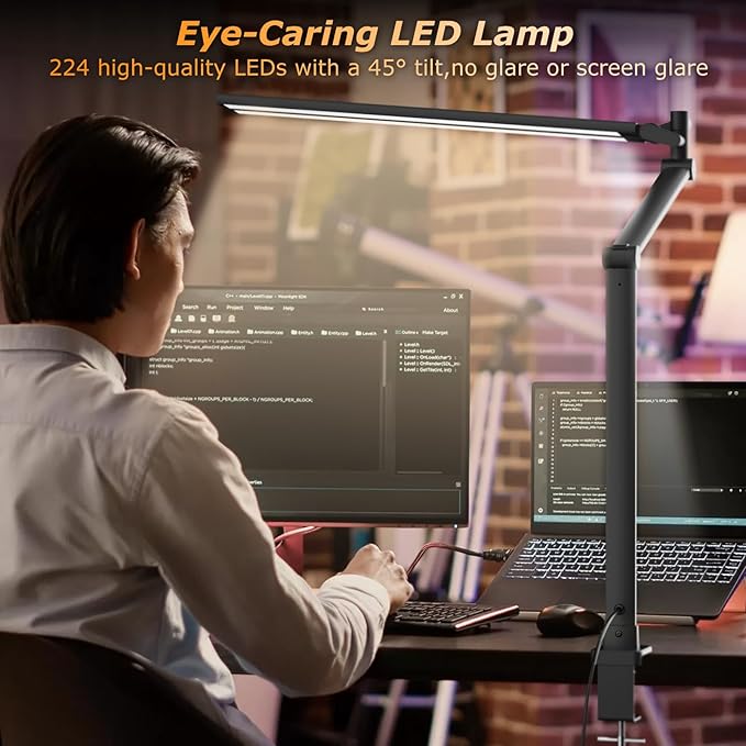 LED Desk Lamp for Home Office, Eye Caring Architect Desk Light with Remote, Dual Screen Computer Monitor Light with Stepless Dimming, Stepless Color Temp, Memory Function for Study, Workbench