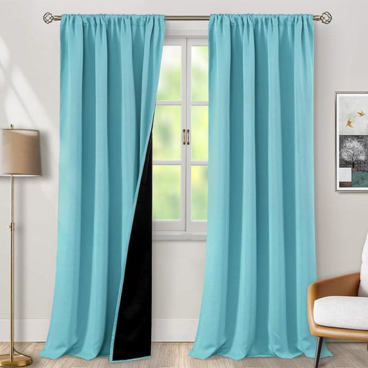 BGment 100% Blackout Curtains for Living Room 95 Inch Length, Thermal Insulated Soundproof Bedroom Curtains 2 Panels Set, Extra Long Light Blocking Window Curtains with Rod Pocket, Aqua, 52 Inch Wide