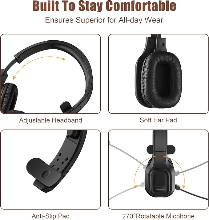 COMEXION Trucker Bluetooth Headset V5.0, Wireless Headset with Noise Canceling&Mute Microphone for Cell Phones, On Ear Bluetooth Headphone for Computer, Zoom Meetings, Skype, Home Office