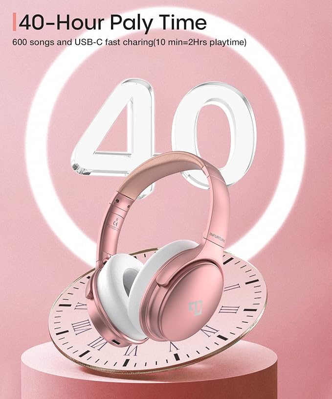 INFURTURE Rose Gold Active Noise Cancelling Headphones with Microphone Wireless Over Ear Bluetooth, Deep Bass, Memory Foam Ear Cups, Quick Charge 40H Playtime, for TV, Travel, Home Office