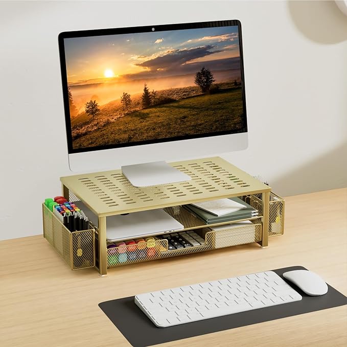 gianotter Monitor Stand with Drawer and Pen Holder, Desk Organizers and Accessories, 2-Tier Monitor Riser, Ideal for Office Supplies Desk Accessories(Gold)