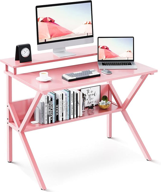 ODK Small Desk, 27.5 Inch Small Computer Desk for Small Spaces, Compact Desk with Storage, Tiny Desk Study Desk with Monitor Stand for Home Office, Pink