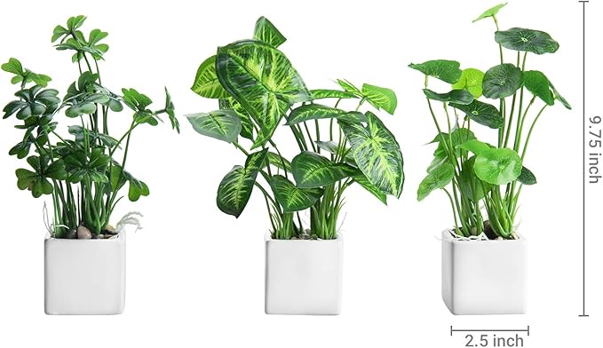 MyGift Artificial Assorted Plants Faux Tabletop Greenery in White Square Ceramic Pots, Set of 3