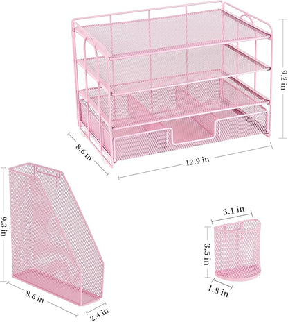 gianotter Paper Organizer with File Holder for Desk, 4 Tier Letter Tray Office Desk Organizers and Accessories - Workspace Organizers with Drawer and 2 Pen Holder for Office Supplies (Pink)