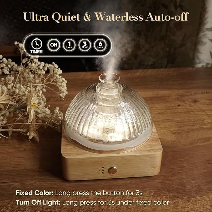 Glass Dome Essential Oil Diffuser with Glass Reservoir & Wood Base-No Plastic, 200ml Ultrasonic Glass Diffuser for Aromatherapy with Timer 7 Color Light Auto-Off for Home Office Yoga Pilates