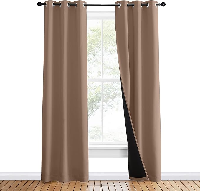 NICETOWN 100% Blackout Curtains Thermal, Noise Reduction and Privacy Curtains for Patio Door, Black Lined Blackout Drapes with Grommet Top, Cappuccino, 1 Pair, W37 x L80