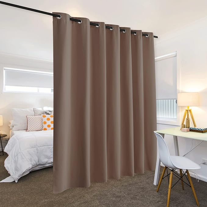 RYB HOME Privacy Curtain for Sliding Glass Door, Light Block Noise Reduce Insulated Curtain Screen Ceiling to Floor for Locker Room Basement Bedroom Closet, 100 inch Wide x 90 inch Long, Cappuccino