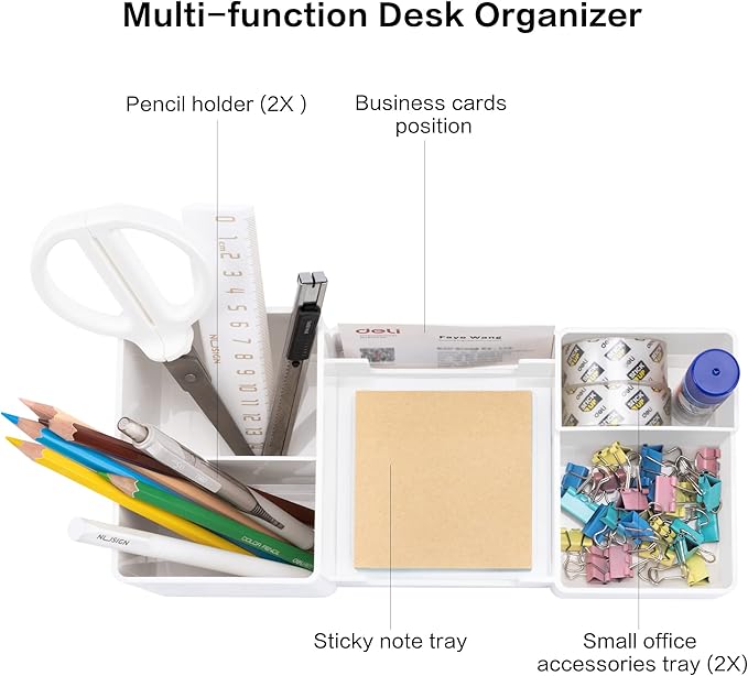 deli Desk Organizer, Plastic Desktop Organizer with Pencil Holder and Sticky Note Tray, Office Stationery Supplies Organizers Accessories Caddy, 6 Compartments, White