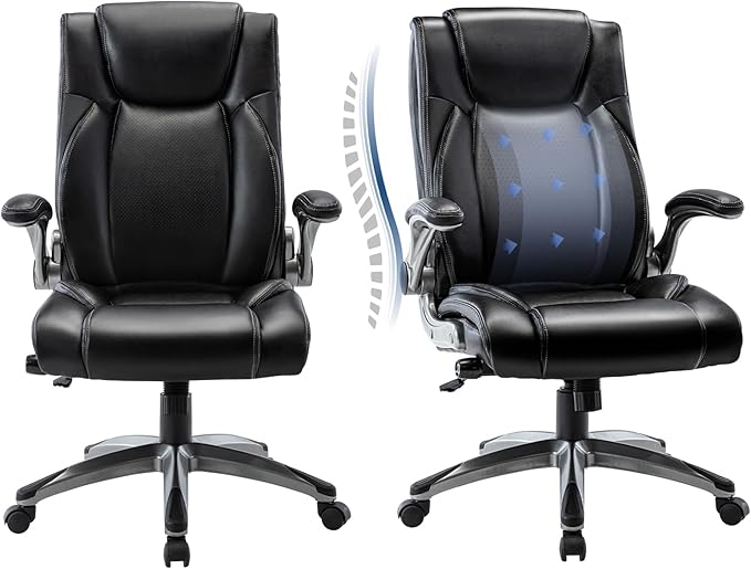 COLAMY Executive Office Ergonomic Chair with Thick Bonded Leather, Flip-up Armrests, High Back Adjustable Height and Tilt for Working, Study, Gaming,Set of 2