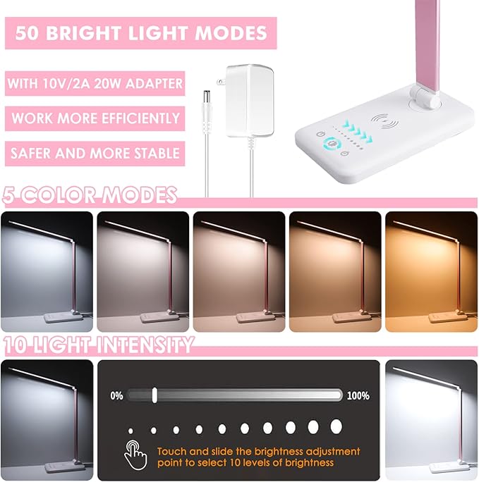 LED Desk Lamp with Wireless Charger, USB Charging Port, Desk Lighting with 10 Brightness, 5 Color Modes, Dimmable Eye Caring Reading Desk Lamps for Home Office, Touch Control, Auto Timer, Pink