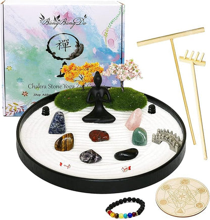 Zen Sand Garden for Desk - Tabletop Chakra Yoga Zen Garden Kit Set Japanese Crystal Quartz Rock Sand Zen Garden Home Office Spiritual Zen Gifts for Friends Adults Women