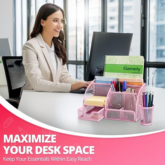 Flexzion Desk Top Caddy Organizer - Pink Office Desk Accessories Organizer and Storage - Metal Mesh Desk with 6 Compartments, Drawer and Pen Holder