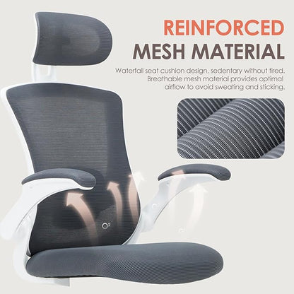 Ergonomic Mesh Office Chair, High Back Executive Desk Chair with Adjustable Headrest and Lumbar Support, Flip-Up Arms, Rocking, Swivel Rolling Computer Mesh Chair for Home Office-Grey