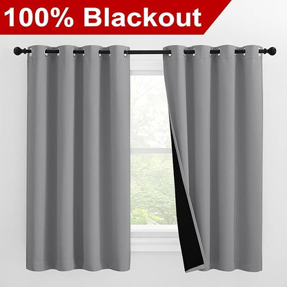 NICETOWN Silver Grey 100% Blackout Curtains with Heat and Cold Blocking, Thermal Insulated 2-Layer Lined Drapes, Noise Cancellation Window Draperies for Offie Room (2 Panels, 55-inch W by 57-inch L)