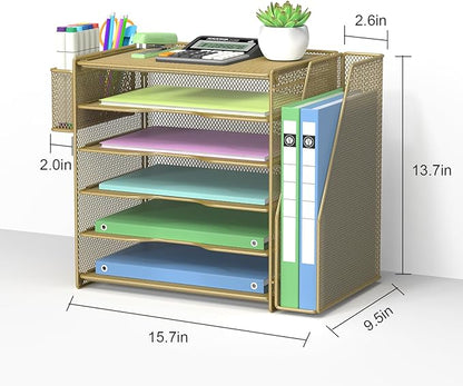 Samstar Gold Desk Organizer, Letter Tray Paper Organizer with 5 Tier Racks Shelves,1 Extra Vertical Magazine File Holder and Pen Holder,Gold