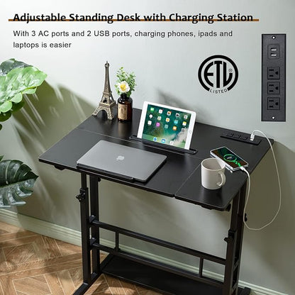 Hadulcet Stand Up Desk, Rolling Desk Adjustable Height, Mobile Standing Desk with Wheels & Charging Station, Portable Desk for Laptop, Rolling Computer Cart TV Tray, Small Standing Desk Drawing Desk