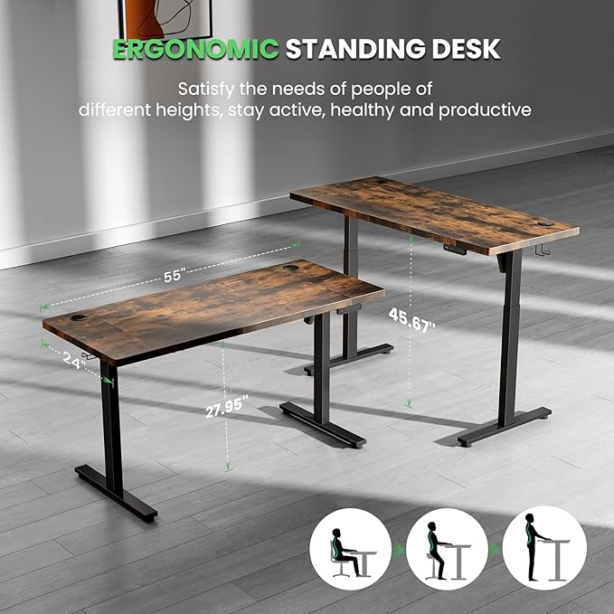 SIAGO Electric Standing Desk Adjustable - 55 x 24 Inch Sit Stand up Desk with Cable Management - 3 Memory Preset Adjustable Height Desk Computer Home Office Desk