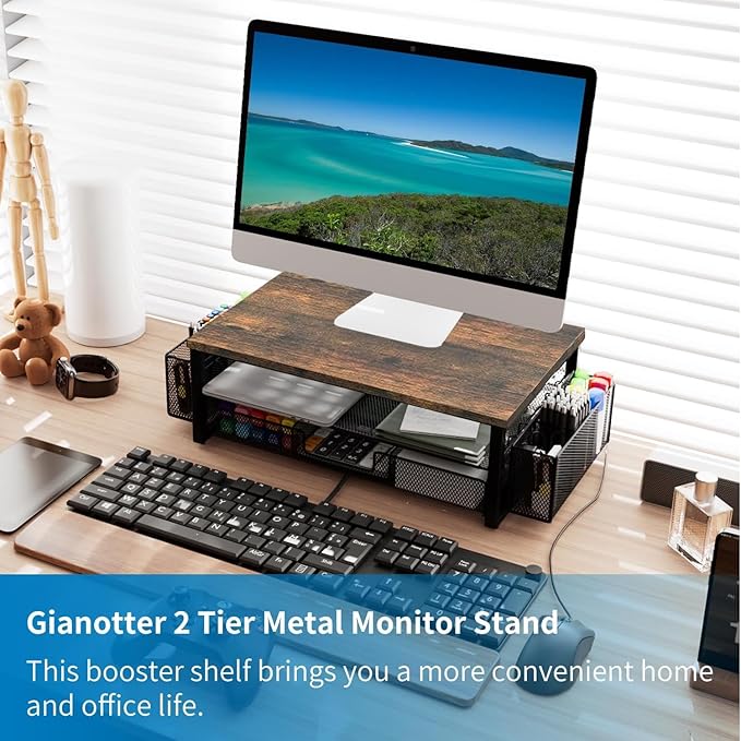 gianotter Monitor Stand Riser, Desk Organizer with Drawer and Pen Holder, 2-Tier Computer Stand, Office Desk Accessories, Office Organization(Wood)