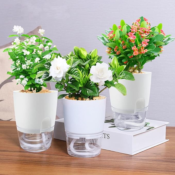 Haawooky 10 Pack Clear Self Watering Planters,4.1Inch Wicking Flower Pots,Plastic African Violet Pots with Watering Bottle Modern Decorative Planter for House Plants,Herbs,Indoor Plants