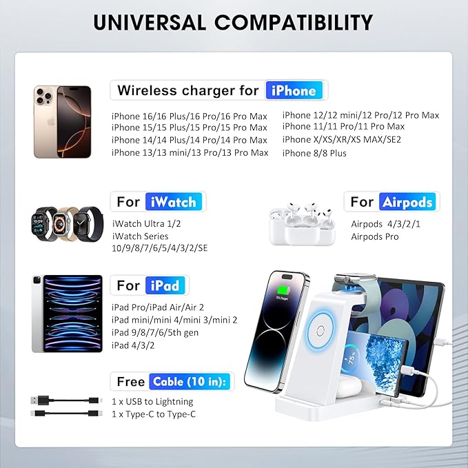 Wireless Charger for iPhone - 5 in 1 Charging Station for Multiple Devices Apple: Fast Wireless Charging Stand Dock for iPhone 16 15 14 13 12 Pro Max Apple Watch Airpods(White)