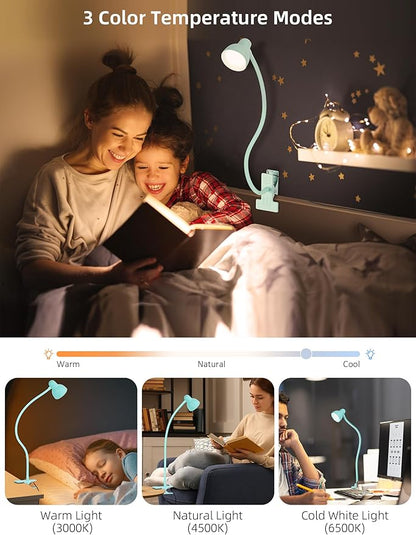 Clip on Reading Light for Bed 3 Color Modes, 10 Brightness Dimmable, Flexible Gooseneck Clip on Lamp, Eye Care Clip Light for Bed Headboard Desk Home Dorm, Teal