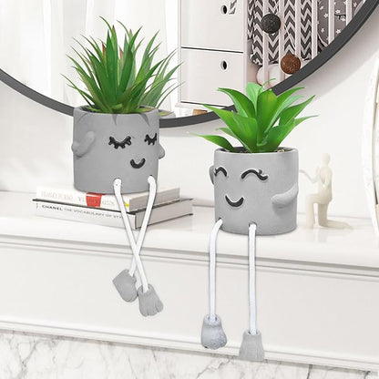 Zerzsy Faux Succulents in Cement Pots with Hanging Leg, Potted Mini Fake Plants for Desk Decor,Kitchen Shelf Decor, Office Decor for Women,Bathroom Shelf Plants Decoration- Set of 2