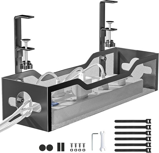 Under Desk Cable Management Tray Black, Litwaro Cable Management Under Desk No Drill, Desk Cable Organizer with Clamp for Desk Cord Organizer, Desk Wire Management No Damage to Desk for Office, Home