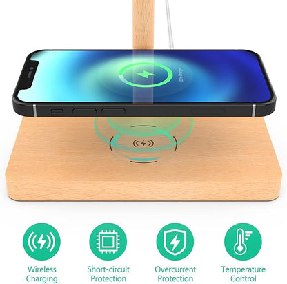 Headphone Stand Wood for Desk with Wireless Charger Gaming Headset Stand Holds Dual Universal VR Headset and Smart Watch,Support 15W Fast Charging, Type-C Cord Included, Beech