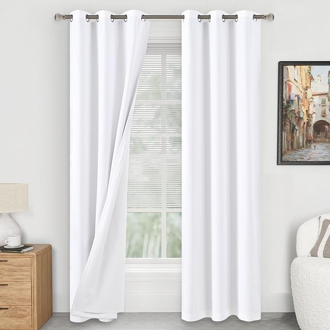 White Blackout Curtains 84 Inch Length 2 Panels Set for Living Room, Thermal Insulated 100% Light Blocking Soundproof Grommet Floor Length Double Layers Window Curtains, Each 38 Inch Wide