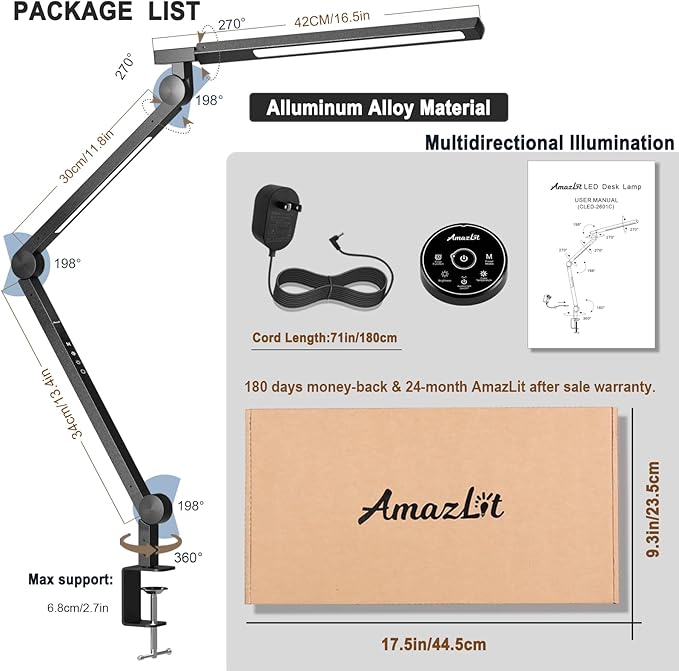 Desk Lamp with Clamp, Eye-Care Swing Arm Desk Lamp, Stepless Dimming & Adjustable Color Temperature Modern Architect Lamp with Memory & Timing Function for Study, Work, Home, Office, 12W
