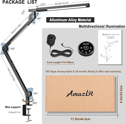 Desk Lamp with Clamp, Eye-Care Swing Arm Desk Lamp, Stepless Dimming & Adjustable Color Temperature Modern Architect Lamp with Memory & Timing Function for Study, Work, Home, Office, 12W