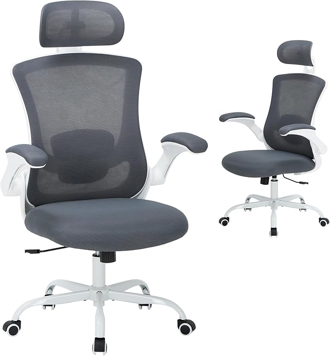 Ergonomic Mesh Office Chair, High Back Executive Desk Chair with Adjustable Headrest and Lumbar Support, Flip-Up Arms, Rocking, Swivel Rolling Computer Mesh Chair for Home Office-Grey