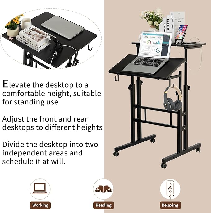 SIDUCAL Mobile Stand Up Desk, Adjustable Laptop Desk with Wheels, Home Office Workstation with USB Ports and Outlets, Rolling Desk Laptop Cart for Standing or Sitting, Black