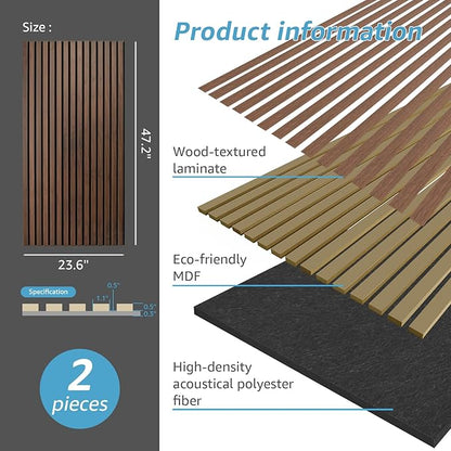 Art3d 2-Pack Acoustic Wood Slat Wall Panels for Interior Decor, 3D Fluted Sound Absorbing Wood Paneling for Accent Wall Ceiling Kitchen Living Room Bedroom Office, 47.2 x 23.6 inch Dark Walnut