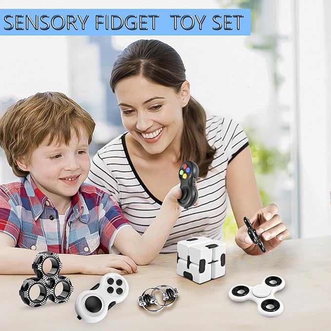 5Pcs Fidget Toys Adults Set, Autism Sensory Pack with figette Cube Magnetic Rings Pad ADHD Stress Relief for Kids Teen, Cool Gadget Desk Spinner Christmas Stocking Stuffer