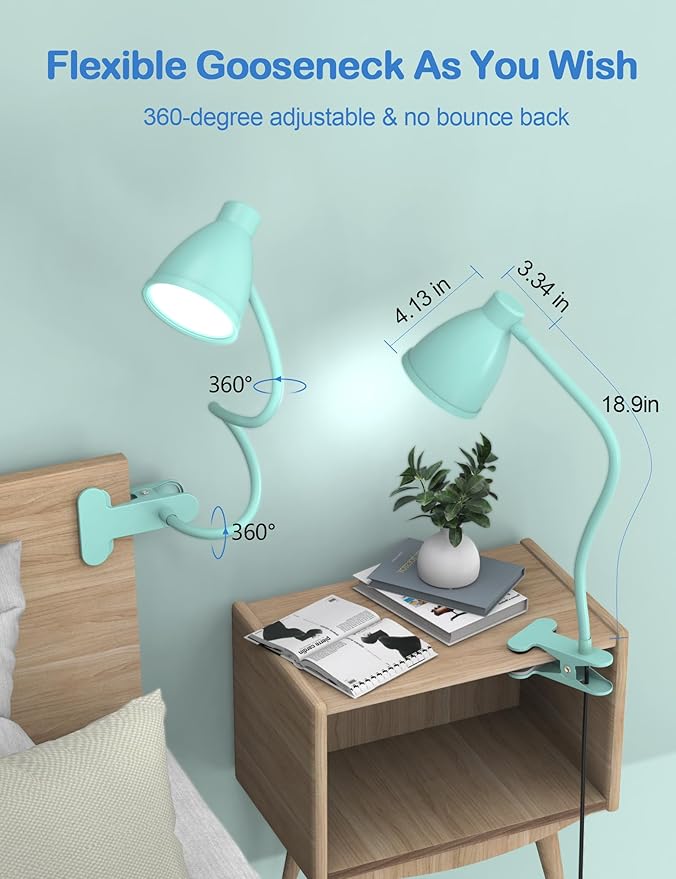 BOHON Desk Lamp with Clamp, 10W 38 LED Clip on Light, 3 Color 10 Brightness Auto Off Timer, Flexible Gooseneck Clip Lamp, Desk Lights for Office Home Bed Bedside Reading, Adapter Include, Teal