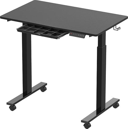 SHW Small Electric Height Adjustable Mobile Sit Stand Desk with Drawer, Hanging Hooks and Cable Management, 40 x 24 Inches, Black