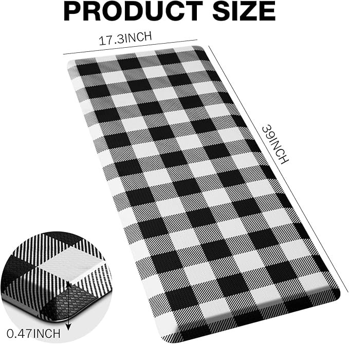 MAYHMYO Kitchen Mat Cushioned 1/2 Inch Thick Anti Fatigue Kitchen Rug Black and White Kitchen Floor Mat Non-Skid & Waterproof Kitchen Rug Comfort Standing Desk Mat for Home Office Sink 17.3"x39"