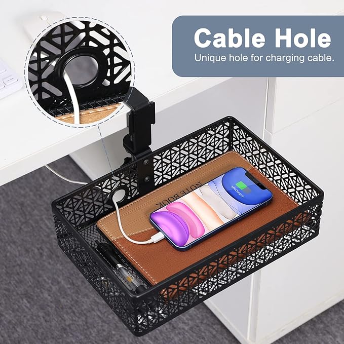 Under Desk Drawer Organizer Clip-on Cup Holder Under Desk Storage Drawers Rotated Under Table Drawer for Desk Organizer Clamp Phone Holder Paper Drawer (Black)