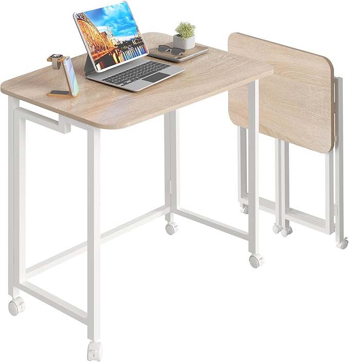 4NM 23.6" Mobile Small Folding Desk, Adjustable Rolling Compact Laptop Cart Desk, Couch Desk, Bed Desk for Laptop for Small Space Offices - Natural and White